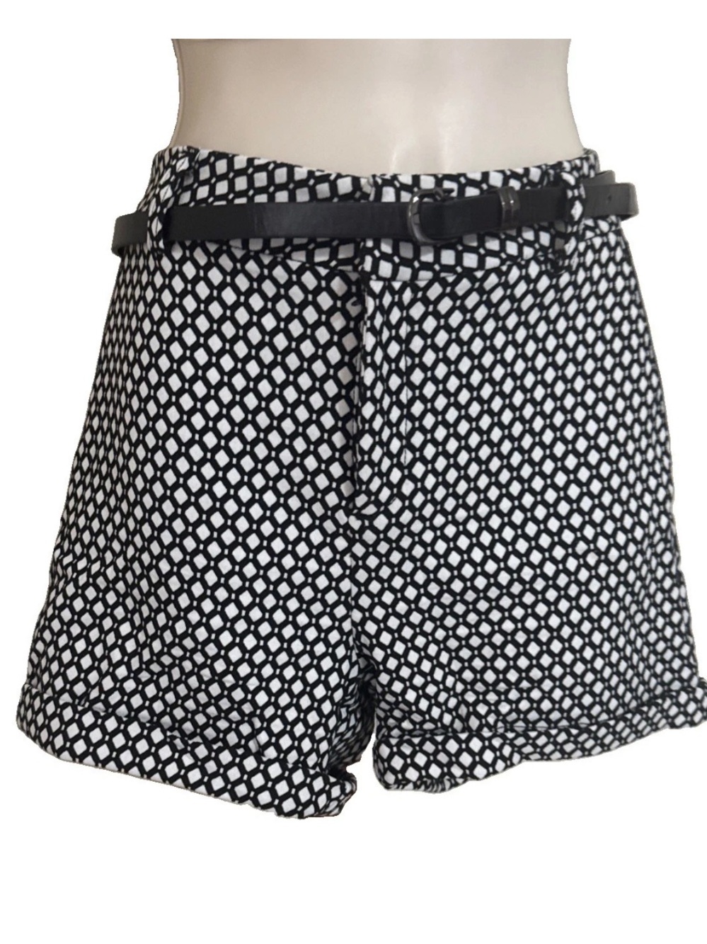 Black Geometric Print Shorts | Belted High Waist | Chic Casual Style Size Medium